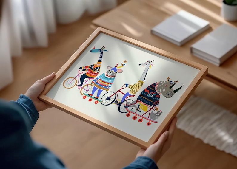 Arte de bicicleta com animais, decoração de parede divertida para quarto infantil. imagem 3