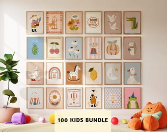 Eclectic Nursery Wall Art - Set Colorful Kids Room Playroom Prints ( Digital Download )