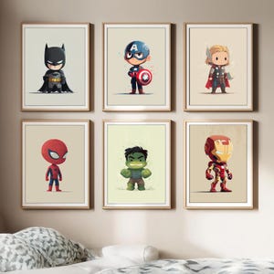Paquete de 6 impresiones de superhéroes caprichosos para pared, para decoración de habitación de niños, pósteres con temática de guardería, descarga digital imprimible.