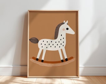 Rocking Horse Print, Brown Scandinavian Nursery Art, Minimalist Baby Decor (Digital Download)