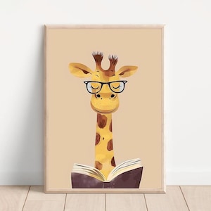 Arte murale educativa con giraffa che legge un libro - Poster stampabile personalizzato per la decorazione della cameretta dei bambini