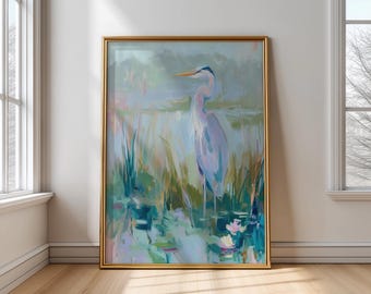 Blue Heron Print: Pastel Coastal Marsh, Beach House Decor (Digital Download)