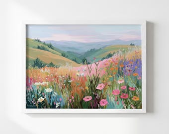 Arte de pradera de flores silvestres, póster de paisaje de montaña, estampado floral colorido, decoración de pared de campo primaveral