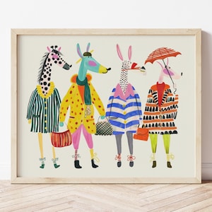 Fashion Animal Print, Stylish Animal Poster, Animal Friends Wall Art, Whimsical Fashion Illustration, Animal Outfit Decor, Digital Download
