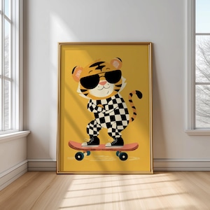 Skateboarding Tiger Kinderzimmer Wandkunst, Spielzimmer Poster, geschlechtsneutraler Tierdruck, Kleinkindzimmerdekor, digitaler Download, Kinderkunstwerk