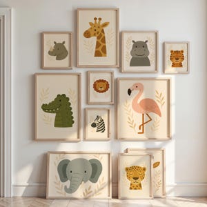 Juego de arte de pared de animales de safari para guardería, impresiones de safari en la jungla para habitación infantil, juego de pósteres de animales neutros, decoración imprimible de la jungla para habitación de bebé.