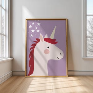 Unicorn Printable Wall Art – Cute Magical Poster for Girls Room or Nursery, Pink & Purple Unicorn Digital Download