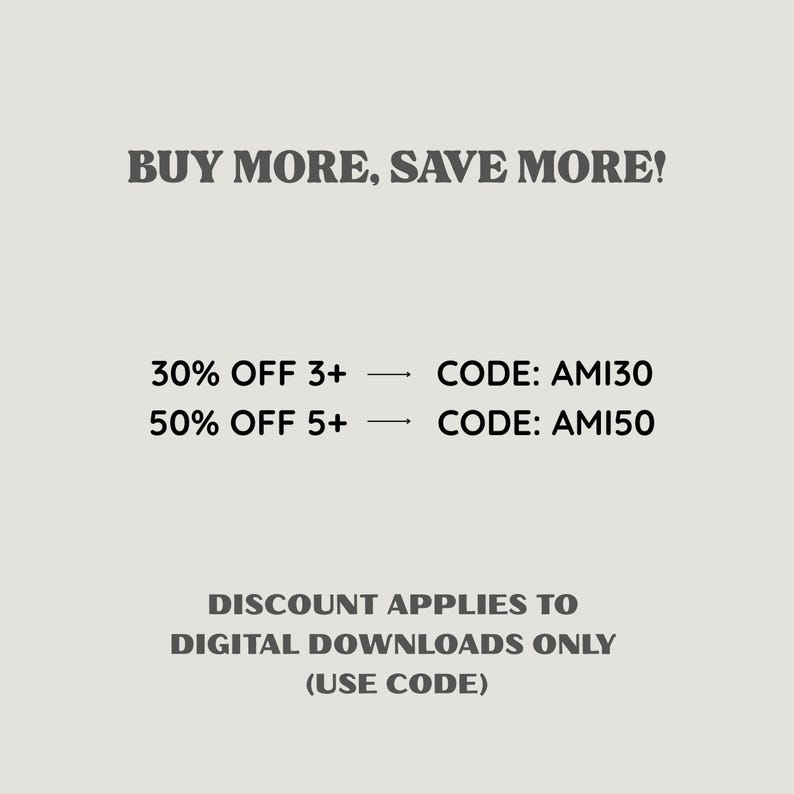 The image is a promotional image for a product, offering discounts on digital downloads. It features a 30% discount on items priced at 3+ and a 50% discount on items priced at 5+ or more. The code provided is AM130 and AM150, which are associated with the discounts. The image emphasizes the importance of using the code to apply the discounts, and it does not include any additional text beyond the discounts and the associated codes.