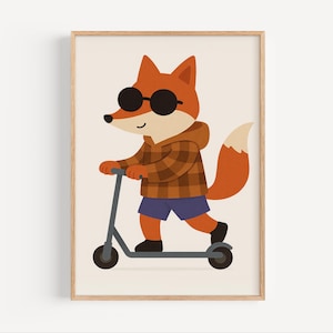 Arte de pared de zorro en scooter, lindo póster de animales del bosque para guardería, impresión digital de zorro para decoración de habitación infantil, ilustración de animal bebé para descargar