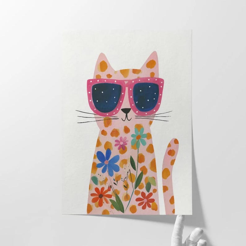 Pink Floral Cat With Sunglasses Nursery Wall Art Kids Room Decor Print ...