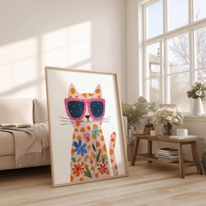 Pink Floral Cat With Sunglasses Nursery Wall Art Kids Room Decor Print ...