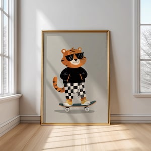 Skateboarding Tiger Kinderzimmer Wandkunst, Spielzimmer Poster, geschlechtsneutraler Tierdruck, Kleinkindzimmerdekor, digitaler Download, Kinderkunstwerk