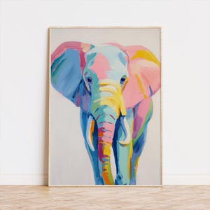 Colorful Elephant Wall Art, Modern Animal Print, Vibrant Pastel Painting, Safari Kids Room Decor, Abstract Elephant Canvas