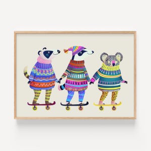 Lebendige Skateboard Tiere Kunstdruck: Verspielte Kinderzimmer Wand Dekoration Illustration