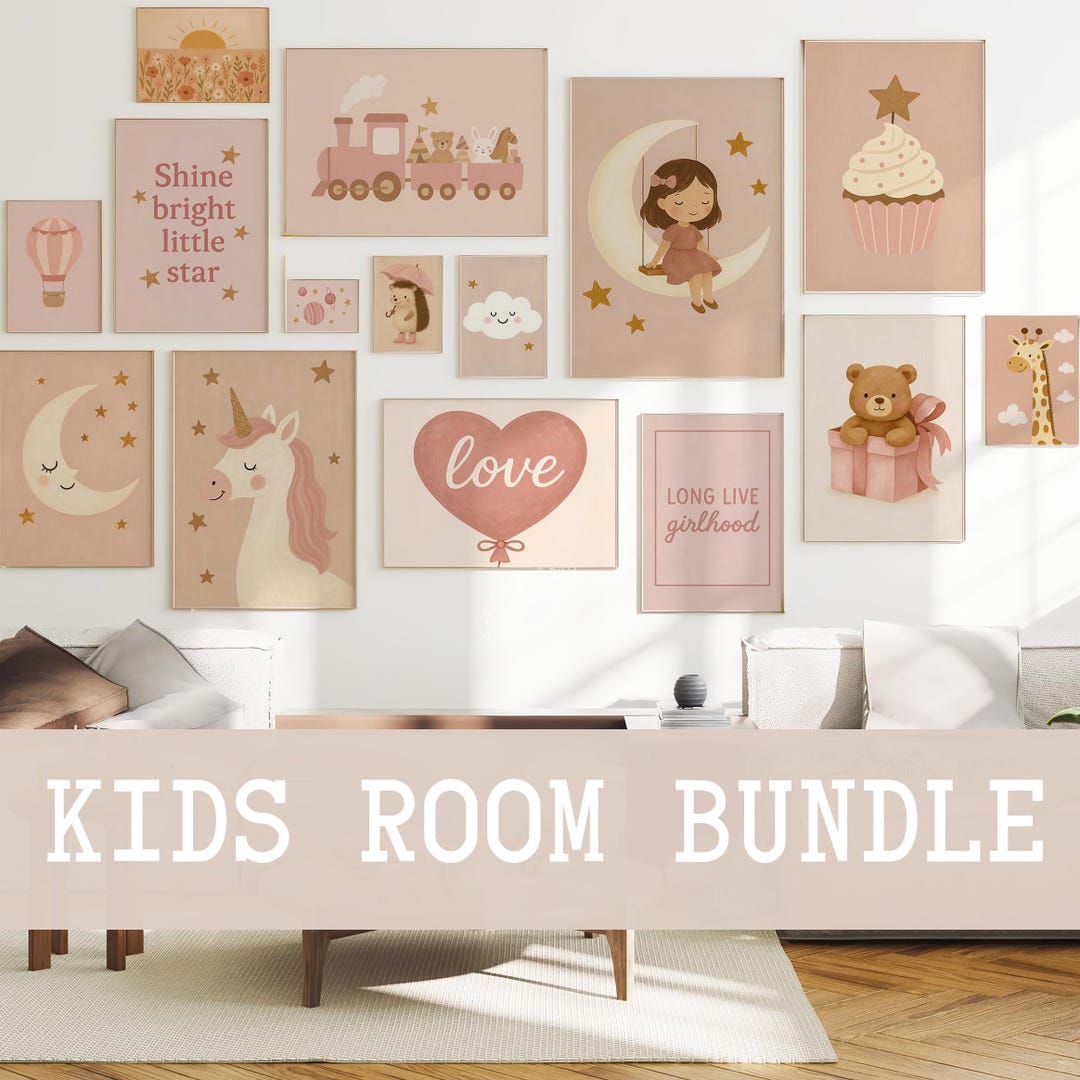 Pink Boho Wall Art Set for Girls Room, Printable Nursery Decor in Soft ...