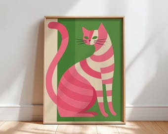 Lámina ecléctica para habitación de gato: Arte mural de gatito rosa con rayas (descarga digital)