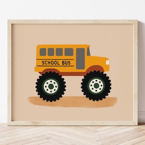 School Bus Monster Truck Poster – Printable Boys Room Wall Art – Digital Nursery Decor – Instant Download