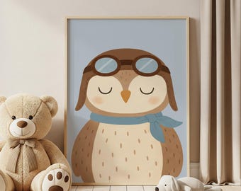 Lámina infantil de búho aviador en acuarela, póster de aventura en el bosque (descarga digital)