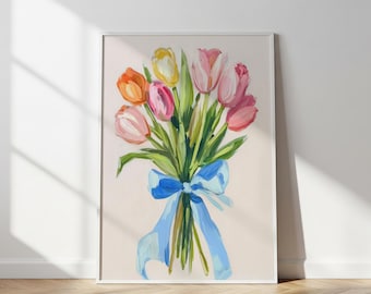 Impressão artística de buquê de tulipas coloridas, arte de parede floral com laço azul (download digital)