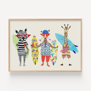 Impresión de animales surferos, arte mural de animales, animales de la jungla con tabla de surf, decoración de habitación infantil, arte surfero para guardería, póster de animales de playa, descarga digital