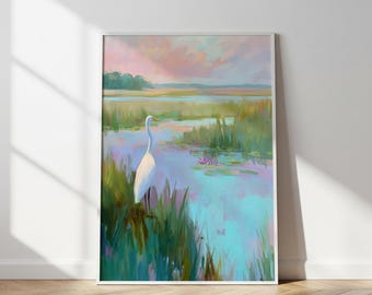 White Egret Marsh Art Print, Impressionist Coastal Wetland Bird Decor (Digital Download)