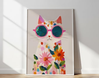 Cat with Sunglasses, Fun Pink Floral Poster, Whimsical Kitten Print, Digital Download Quirky Decor