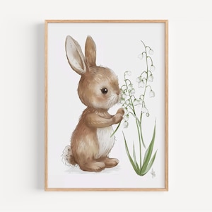 Aquarell Hase Poster mit Maiglöckchen - Wandkunst für Kinderzimmer - Pastell Illustration -
