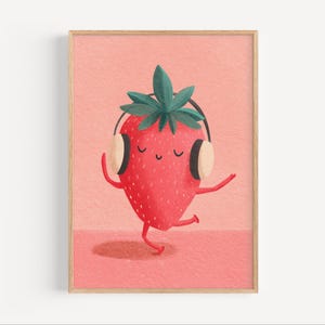 Niedliche Erdbeere Wandkunst, Obst Illustration für Kinderzimmer, Kawaii Erdbeere Poster, Kinderzimmer Kunstdruck, Spaß Küche Dekor