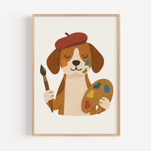 Cute Artist Dog Wall Art, Digital Download Dog Painting Poster for Kids Room, Nursery Decor, Playroom Printable Puppy Illustration Art