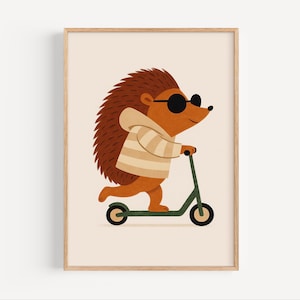 Cool Hedgehog on Scooter Poster, Digital Wall Art Print for Kids Room Decor, Funny Animal Nursery Printable, Scooter Animal Art