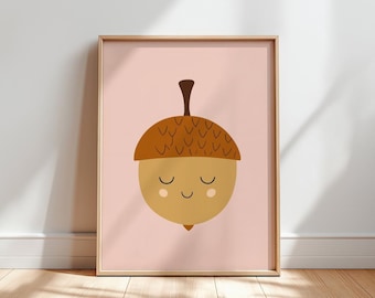 Acorn Nursery Print, Pink Kids Wall Art, Scandi Decor (Digital Download)
