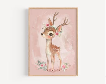 Stampa di un cervo con corona di fiori: arte per vivai nel bosco (download digitale)