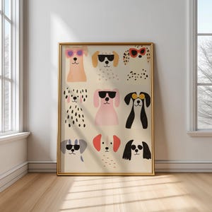 Dogs in sunglasses poster, funny animal print for kids, cute dog nursery decor, pastel dog wall art, children’s room dog print