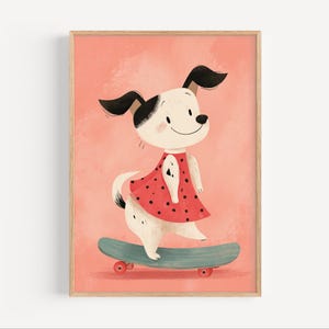 Skateboard Dog Print, Girl Dog Wall Art, Cute Animal Poster for Kids, Coral Nursery Decor, Whimsical Playroom Illustration, Puppy Art