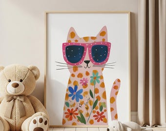 Pink Floral Cat with Sunglasses Nursery Wall Art Kids Room Decor Print