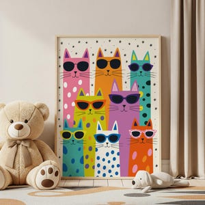 Set med 6 roliga kattposters, nyckfull väggkonst för barnrum (digital nedladdning)