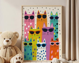May include: A framed art print depicting seven cats in sunglasses. The cats are in various colours and patterns, including polka dots and stripes. The background is off-white with small star accents. A fun, colourful piece.