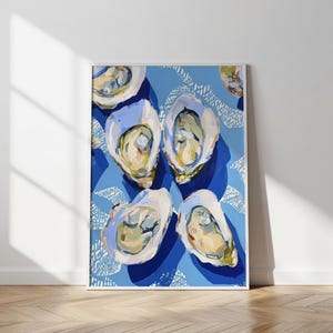 Blue Oyster Wall Art, Mediterranean Seafood Poster, Impressionist Shellfish Print, Digital Download Kitchen Decor