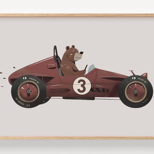 Poster di animali da corsa vintage - Decorazione murale con auto retrò per la cameretta dei ragazzi, stampa originale per la cameretta dei bambini, decorazione per auto con animali, opera d'arte per bambini dedicata agli sport motoristici