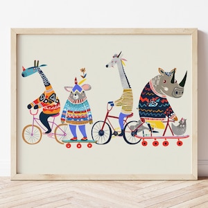 Animal Wall Art, Colorful Animal Poster, Kids Room Decor, Funny Bicycle Animal, Nursery Art Animals, Animals on Wheels, Digital Download