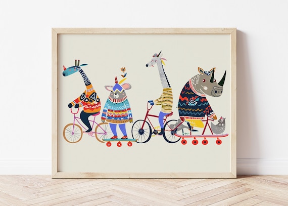 Animal Bicycle Art Funny Nursery Wall Decor Kids Room Print