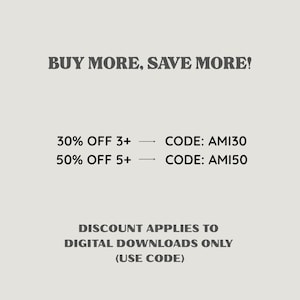 The image is a promotional image for a product, offering discounts on digital downloads. It features a 30% discount on items priced at 3+ and a 50% discount on items priced at 5+ or more. The code provided is AM130 and AM150, which are associated with the discounts. The image emphasizes the importance of using the code to apply the discounts, and it does not include any additional text beyond the discounts and the associated codes.