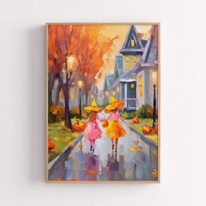 Three girls trick or treating, Halloween art pink witches spooky cute autumn wall decor, girl&#39;s room, printable, digital download, art print