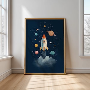 Space Rocket Wall Art – Printable Outer Space Poster for Kids Room | Rocket and Planets Nursery Decor | Digital Download