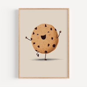 Niedliches Keks Wandbild, Chocolate Chip Cookie Poster, Küchen Dekor zum ausdrucken, Happy Food Art, Kawaii Keks Illustration