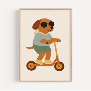 Scooter Dog Wall Art Print, Digital Nursery Poster, Playful Puppy Kids Room Decor, Cartoon Dog Printable, Toddler Boy Wall Decor