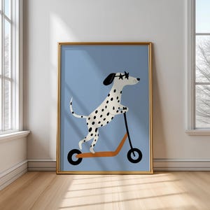 Scooter Dog Wall Art - Dalmatian Poster for Kids Room - Funny Animal Print with Star Sunglasses - Playful Nursery Dog Digital Artwork