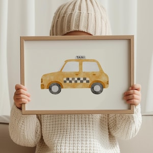 Lebendiges Gelbes Taxi Aquarell Kunstdruck - Kinderzimmer Dekor, Stadt Transport Illustration