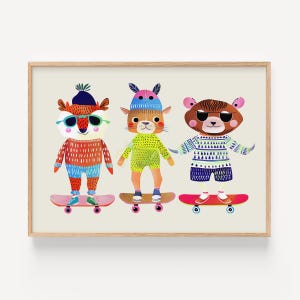 Lebendige Skateboard Tiere Kunstdruck: Verspielte Kinderzimmer & Kinderzimmer Wand Dekoration Illustration Poster