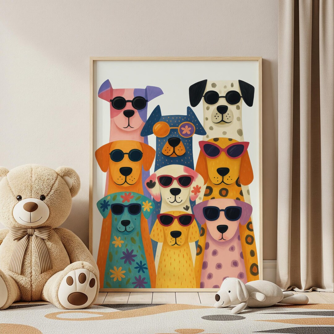 Dogs in Sunglasses, Funny Animal Art, Pastel Nursery Decor